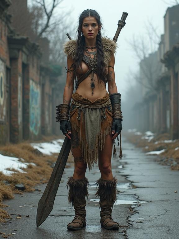 A tall female huntress in an urban wasteland. She has pale skin, freckles, and wears primitive, handmade clothing. She holds a large stone weapon and stands in overgrown ruins. The environment is foggy with damp and cracked pavement. The atmosphere is cold and somber, capturing a gritty realism in a post-apocalyptic setting.