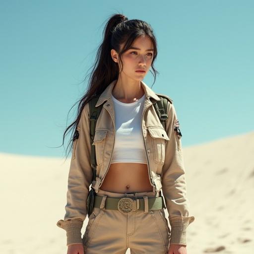 Close up of a petite female in a short beige military jacket and beige pants. She is wearing a white t-shirt and has a dark long ponytail. Background shows a white desert under a sunny blue sky with shadows. The figure is prepared for an obstacle course.