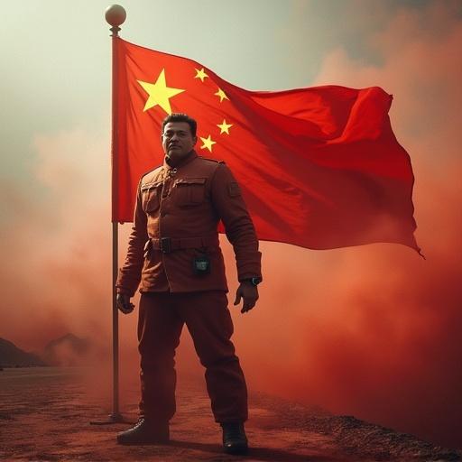 Depicts a confident figure in military attire standing next to a large Chinese flag against a dramatic background.