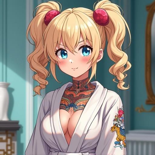 Anime woman in a luxurious spa. Features frosted blue eyes and large light blonde curly pigtails. Wearing a bathrobe with colorful traditional tattoos. Exudes an extroverted look. Half Japanese half Saiyan character. Modern and semi futuristic setting.