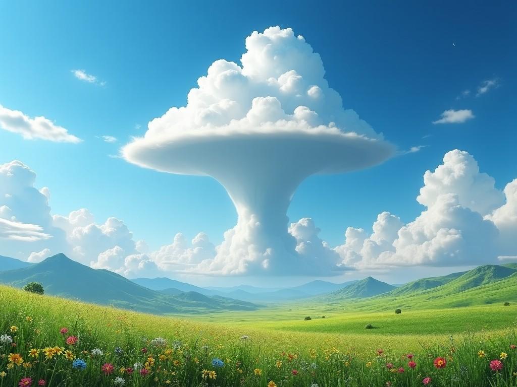 The image depicts a stunning landscape featuring an anvil eyebrow cloud formation. Beneath the cloud, lush green hills stretch across the horizon. A colorful array of wildflowers blooms in the foreground, adding vibrancy to the scene. The sky is a brilliant blue with soft, billowing clouds. This idyllic setting evokes a sense of peace and natural beauty.