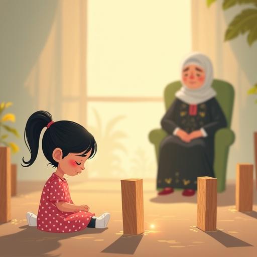 Flat-style illustration of a sad little girl named Layla. She sits on the ground crying. Layla is 5-7 years old with short black hair in a ponytail. She wears a pink dress with white polka dots and white shoes. Four symbolic wooden pillars are in the scene, one is missing with soft glowing light. A faintly visible old grandmother sits in the background on a green chair. She wears a light grey hijab and a long black dress. The scene is soft, emotional, and dreamlike with gentle fog.
