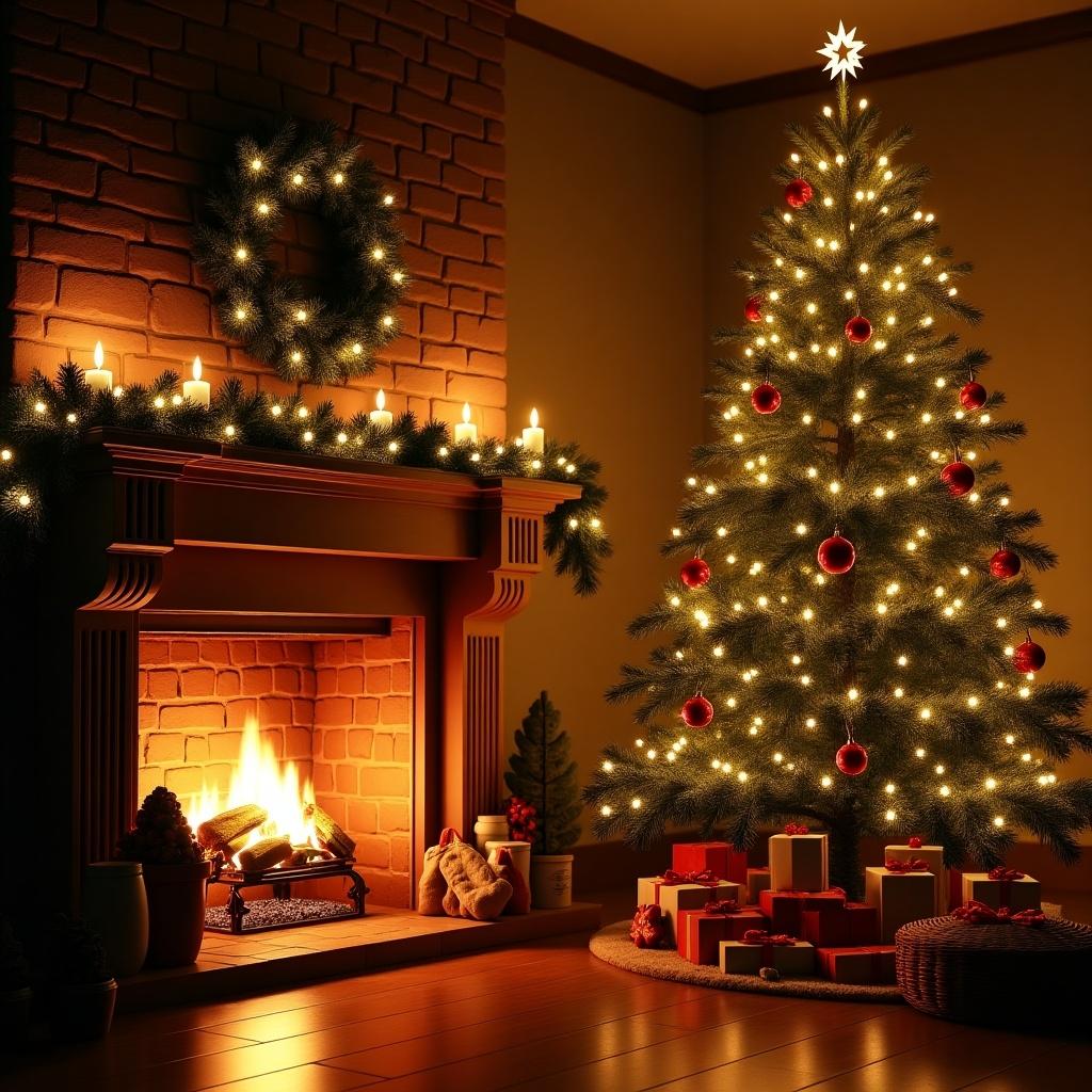 A cozy Christmas scene with a warm fireplace and a beautifully decorated Christmas tree. The tree is adorned with red ornaments and lights. The fireplace has a gentle flame, providing a warm ambiance. Gift boxes are arranged beneath the tree. The setting evokes a feeling of comfort. The text conveys heartfelt Christmas wishes for health and prosperity.