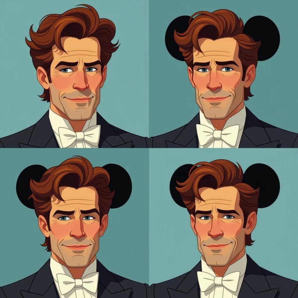A character styled in Disney animation. The character has distinct hair and is wearing a bow tie. Character features playful mouse ears. Background color is soft and inviting. The design reflects vibrant animation aesthetics.