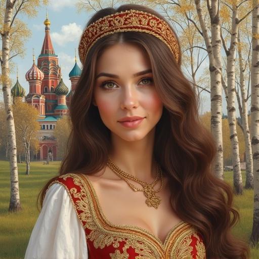 Three-quarter length portrait of a confident Russian woman. Brown-eyed with long wavy hair. Looking at the viewer and slightly smiling. Wearing a traditional luxurious dress with gold embroidery and a kokoshnik. Gold necklace visible. Realistic drawing. Summer birch grove behind her with Russian building featuring domes.