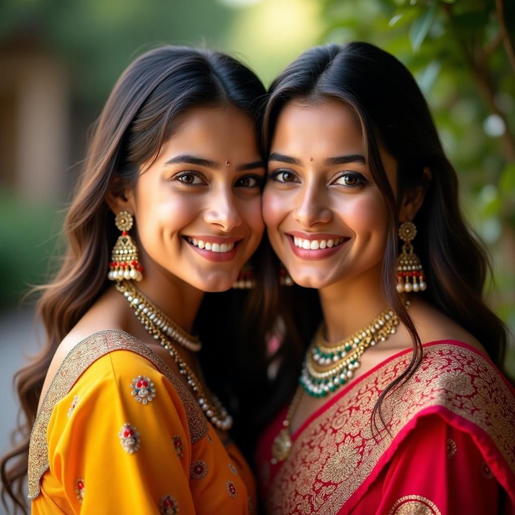 The image features two desi girls standing closely together, their smiles reflecting joy and cultural pride. They are adorned in vibrant traditional attire, showcasing intricate designs and vivid colors. Their ornate jewelry adds elegance, including statement necklaces and earrings that catch the light. The background is softly blurred, emphasizing their presence. This harmonious composition highlights themes of tradition and sisterhood in a beautifully lit setting.