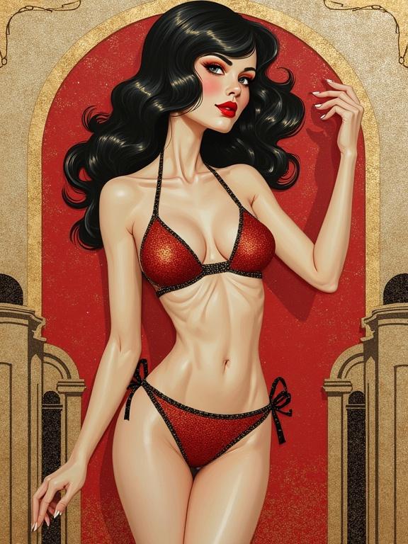 Bikini woman styled with art deco architecture. Surreal mixed media collage created with watercolor and alcohol inks. Features shiny textures with metallic highlights. Deep red and beige color scheme dominates the piece. Elaborate art influences from noted artists.