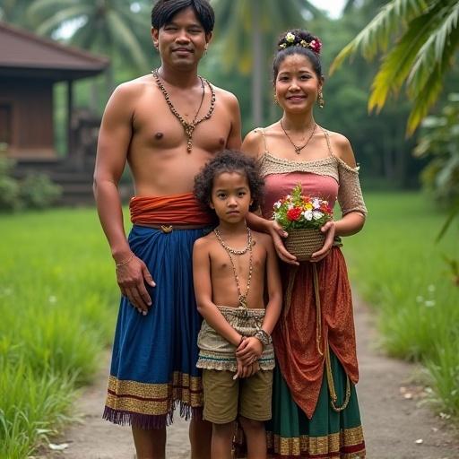 A family of four stands together in a village in Bali. They wear traditional Balinese attire. The father is in a vibrant blue udeng and maroon baju. The mother wears a red and gold kemben and kabaya. The daughter is dressed in a pink kebaya with a floral sarong. The son is in a white and black saput poleng. They appear happy and proud.