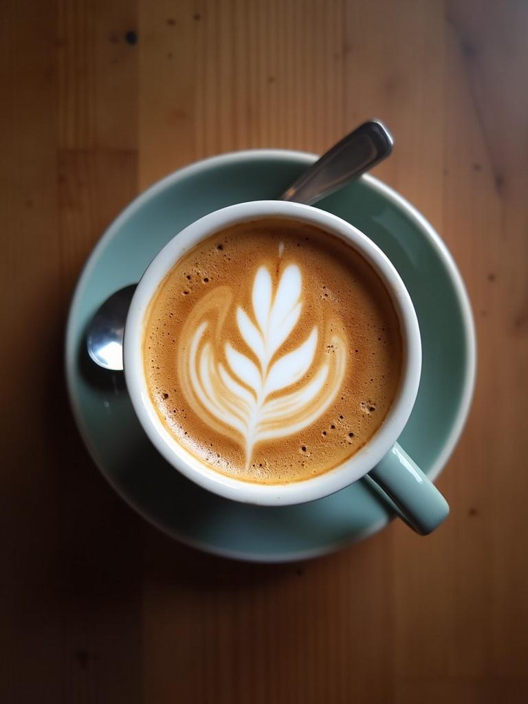 An overhead view of a coffee cup with beautiful latte art on a wooden table featuring a teal saucer and silver spoon. Smooth creamy texture of the coffee with impressive leaf design on top.