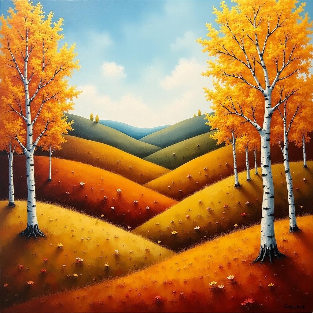 Whimsical landscape featuring rolling hills and aspen trees in autumn. Painted in oil on canvas with wet on wet technique and rough brushstrokes.