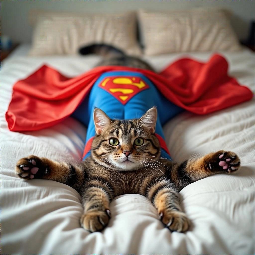 Cat wearing Superman cape lying on bed with arms outstretched