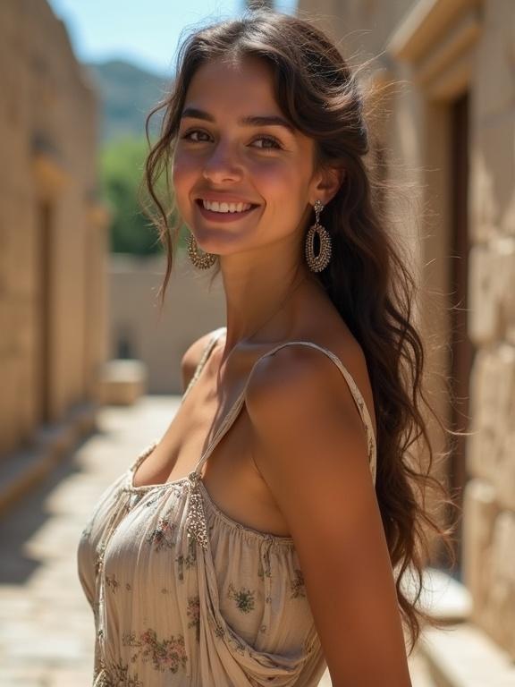 Woman walking through ancient Greek streets. Vintage-style dress with intricate details. Warm sunlight creates a soft glow. Stylish earrings amplify elegance. Long wavy hair cascading down. Captivating presence with a flirty vibe. Image captures a moment of grace and beauty in historical scenery.