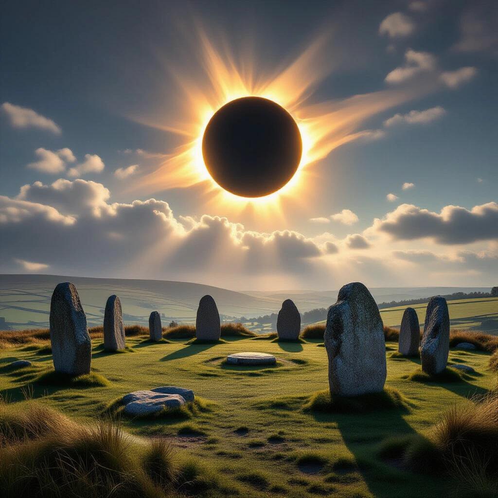 A solar eclipse takes place over an ancient stone circle. Shadows stretch across the grassy field. The scene appears hyper-realistic. Captured in cinematic style at 8K resolution.