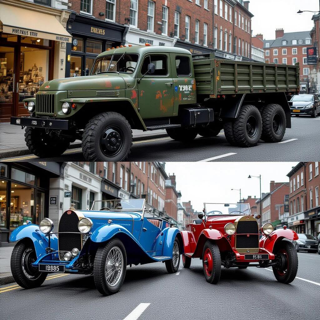 Street scene depicting a contrast of vintage cars. Left side features a 1924 Bugatti Type 35 parked on the curb. Right side shows a rusty Soviet 6x6 military truck behind. The scene is on rain-slicked cobblestones with a 'WATERLOO' street sign. Low-angle shot highlights size difference. Steam rises from Bugatti's exhaust. Oil drips from the truck. There are holographic ads reflected in puddles. The image evokes nostalgia and mechanical poetry.