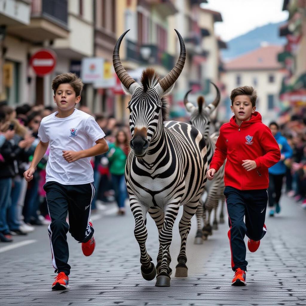 Realistic photo of children running ahead of a horned zebra in San Fermín festival.