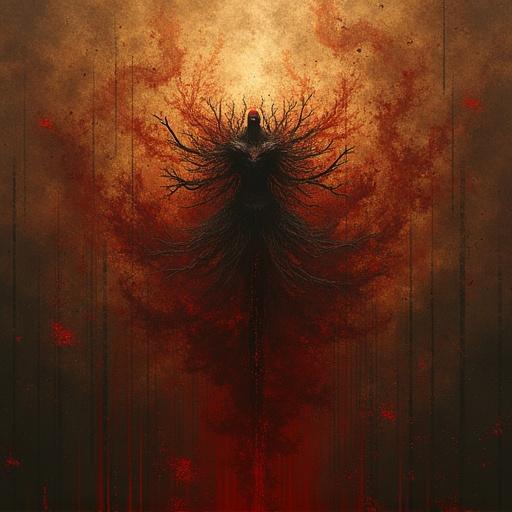 Artistic depiction of an abomination using brown and red colors. The figure has tree-like features and an ominous presence.