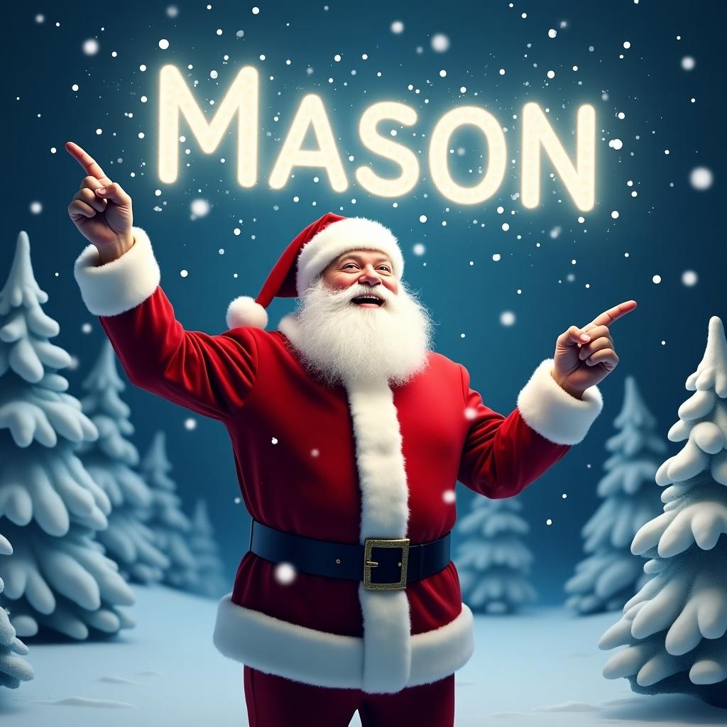 The image depicts a joyful Santa Claus standing in a winter wonderland. He is dressed in his traditional red suit with white trim and a matching hat. Santa is pointing upward as if he is magically writing a name in the sky. Snowflakes gently fall around him, adding to the festive atmosphere. In the sky, glowing letters spell the name 'Mason'. The background features beautifully snowy trees.