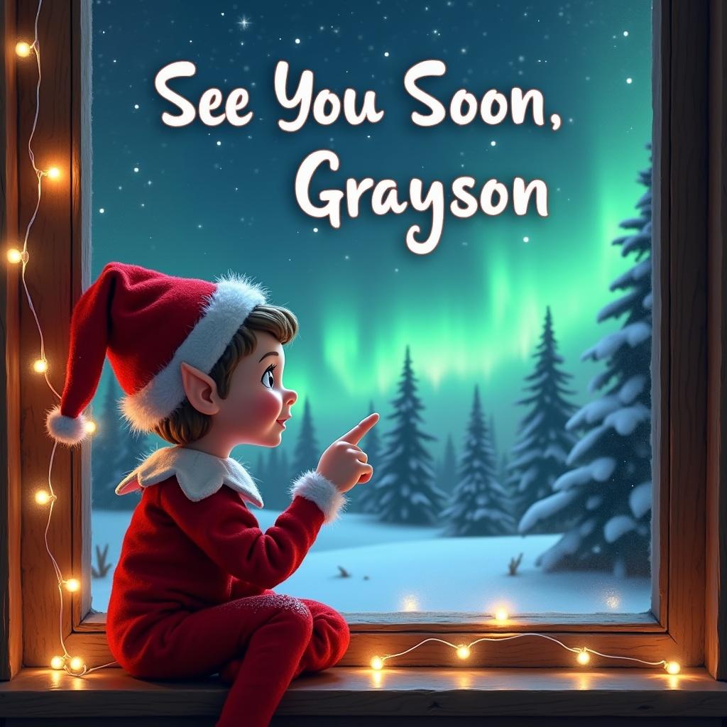 The image features a whimsical elf sitting by a window, gazing out at the northern lights. Dressed in a red outfit with a pointed hat, the elf is gently pointing at something in the sky. The scene is cozy, with a string of fairy lights wrapped around the window. Above the scene, the words 'See You Soon, Grayson' are written in cheerful script. Outside, a winter wonderland unfolds with snow-covered trees under a starry sky illuminated by vibrant auroras. It captures the magic of the holiday season and the imagination of children.