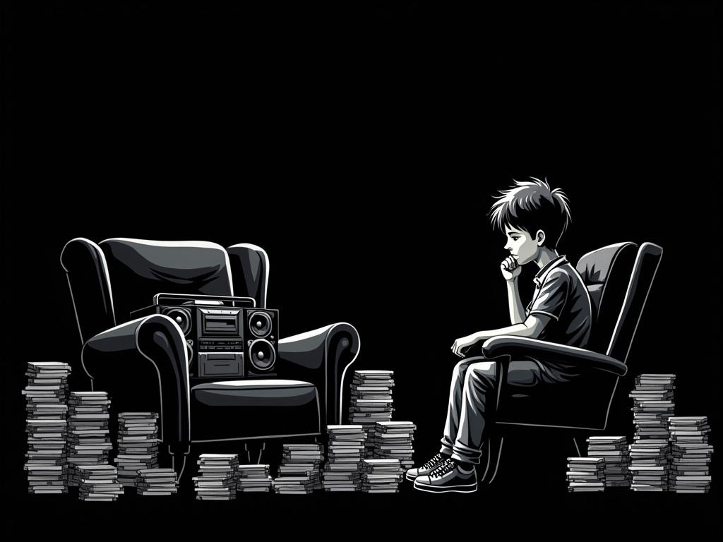 Image inspired by video game vibe with thin white line art on black background. Teenage boy listens to music in an armchair with stacks of CDs and a boombox.