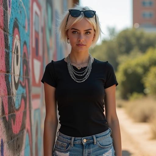 Confident young woman stands near urban mural wall. She wears tight fitted black t-shirt and ripped jeans. Layered silver chains and dark sunglasses on her head. Scene vibrant with graffiti and afternoon sun.