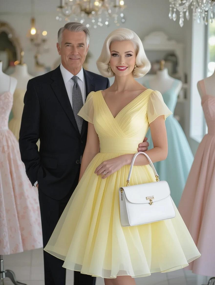 A portrait of a woman with platinum blonde hair in a pale yellow chiffon dress. She carries a white purse. An older man in a suit stands beside her. The scene is set in a dress boutique with elegant decor.