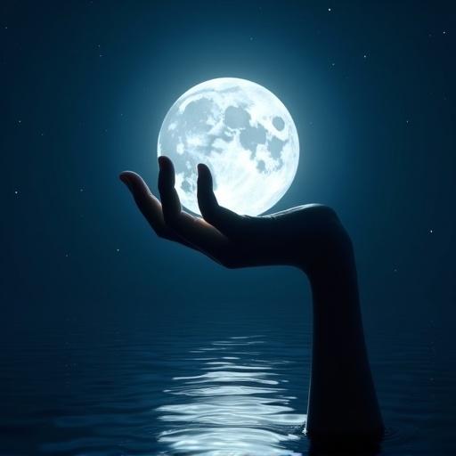 A palm holds a bright moon. The calm water surface reflects the moonlight. Dark blue background with tiny stars. High-contrast light and shadow create a mystery. Ethereal and serene fantasy atmosphere.
