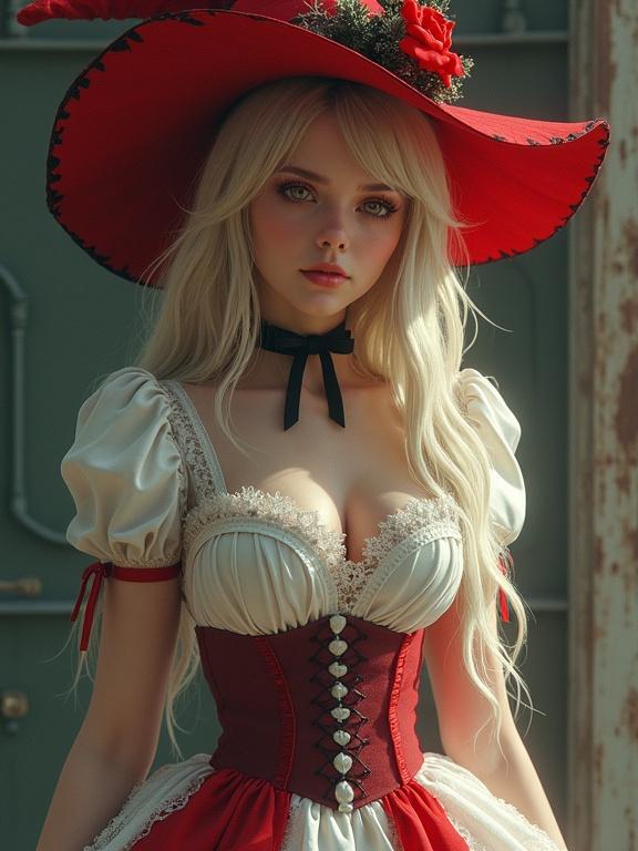 A full body image of a blonde witch with red eyes in a detailed white and red dress. The scene is mystical. Ultra-realistic textures and vibrant colors in 3D digital art.
