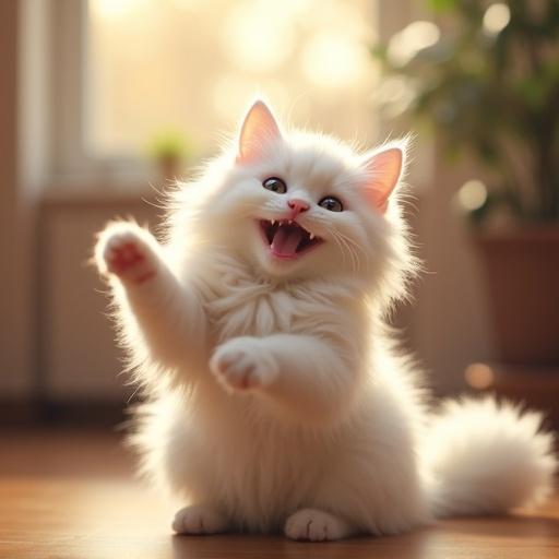 Fluffy white cat in a joyful pose. Surrounded by blurred warm background. Soft lighting enhances the atmosphere.