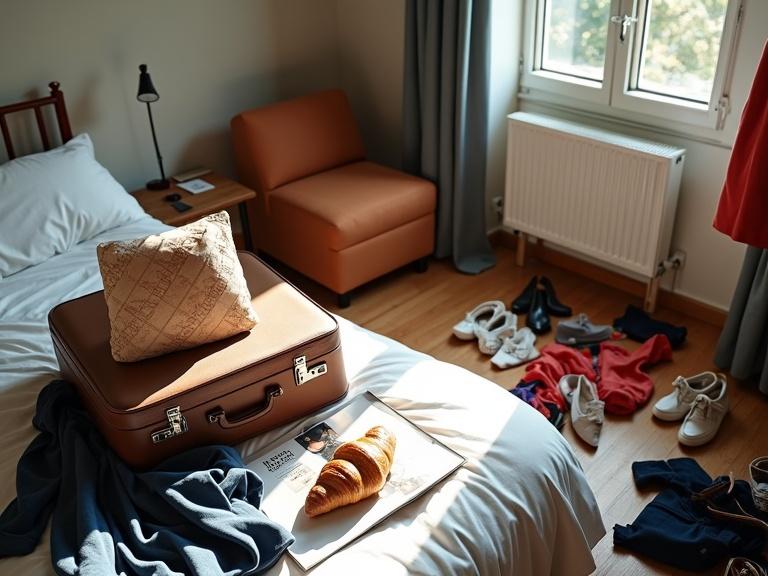 Small apartment bedroom with scattered designer clothing and shoes. Half-packed brown leather suitcase on unmade white bed. Golden-brown croissant atop glossy fashion magazine on wooden bedside table. Morning sunlight streams through window illuminating cluttered space filled with garments accessories and footwear.