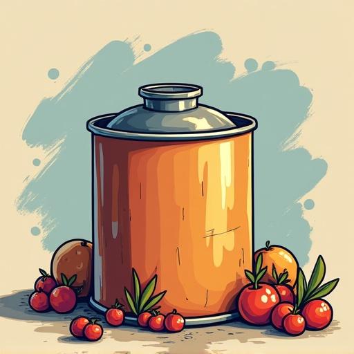 Image featuring a cartoon-style oil filter with accompanying tomatoes and a whimsical background. Focus on a playful presentation of automotive themes.