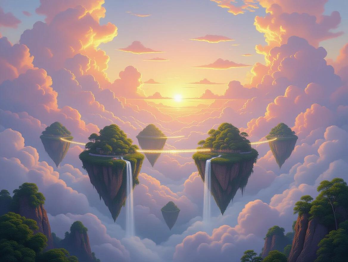 A breathtaking landscape with green floating islands in a sky filled with clouds. Waterfalls flow from the islands into the sky. The islands are connected by glowing bridges of light. The sun sets, creating soft colors in the clouds. The scene evokes peace and beauty in a sculptural oil painting style.