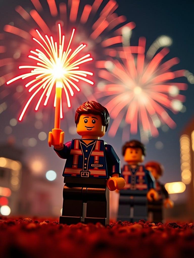 LEGO figures celebrate New Year. One figure holds a sparkler. Colorful fireworks light up the night sky. People in background enhance the festive mood.