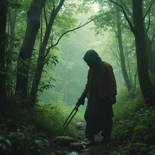A silhouette of a Central Asian witch standing in a misty forest. The figure wears a hooded cloak and holds cooking tools. The atmosphere is eerie and haunted, with dense trees and fog enveloping the scene. The witch is preparing a supernatural potion under the canopy of the ancient woods.