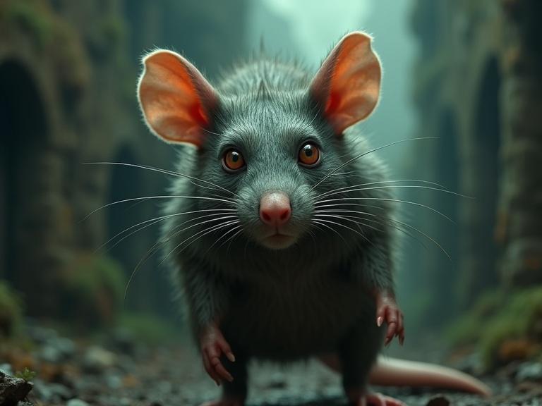 Image depicts a grotesque Ratfink monster in a mysterious scene. Focus on the creature blending into the background.