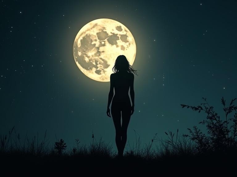A nude woman silhouette in a night sky with a bright full moon. Magical lighting. Ethereal atmosphere infused with mystery. Emphasis on beauty and art.