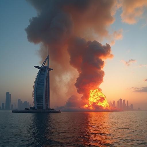 An explosion occurs near the iconic Burj Al Arab in Dubai. A large cloud of smoke billows into the sky at sunset. A vivid contrast between the fiery explosion and the city skyline.