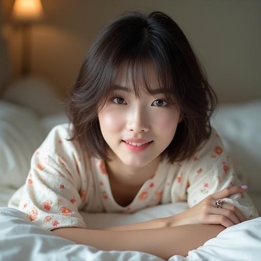 Photo of a pretty Japanese woman lying on a bed. She wears a yukata and has short hair. The photo features soft lighting and a warm ambiance.