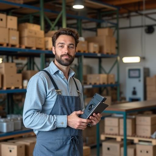 A man providing training to a work team about company products in an office environment. Warehouse background with shelves and boxes. Man is wearing a casual shirt and apron, holding a device.