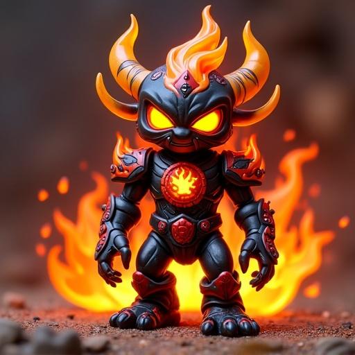 Design a cartoon-style fantasy monster toy named Flame Striker. He is a warrior from the Tribe of the Volcano. His height is 10 cm. The toy has sleek armor with flame patterns, glowing yellow eyes, and fire motifs. The anatomy is not realistic. The design features flame-shaped shoulder pads and a fireball emblem on the chest. The style is cartoonish with glossy paint and bold outlines.