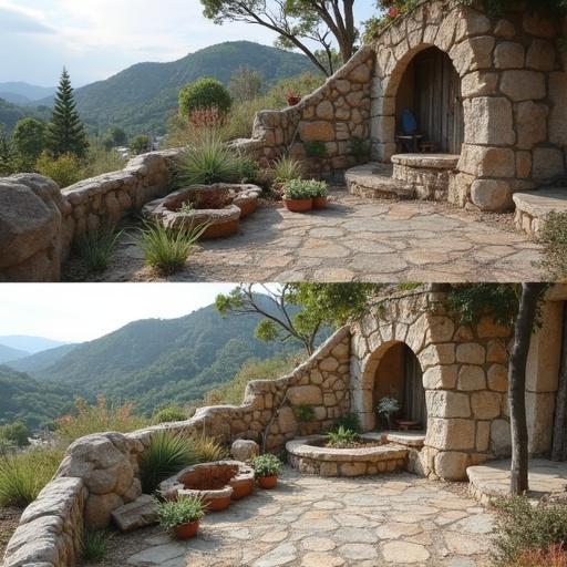 Create two images showing the same outdoor area. The first image features the area before decoration, with a simple setup. The second image shows the transformed area, decorated with objects made from natural stone.