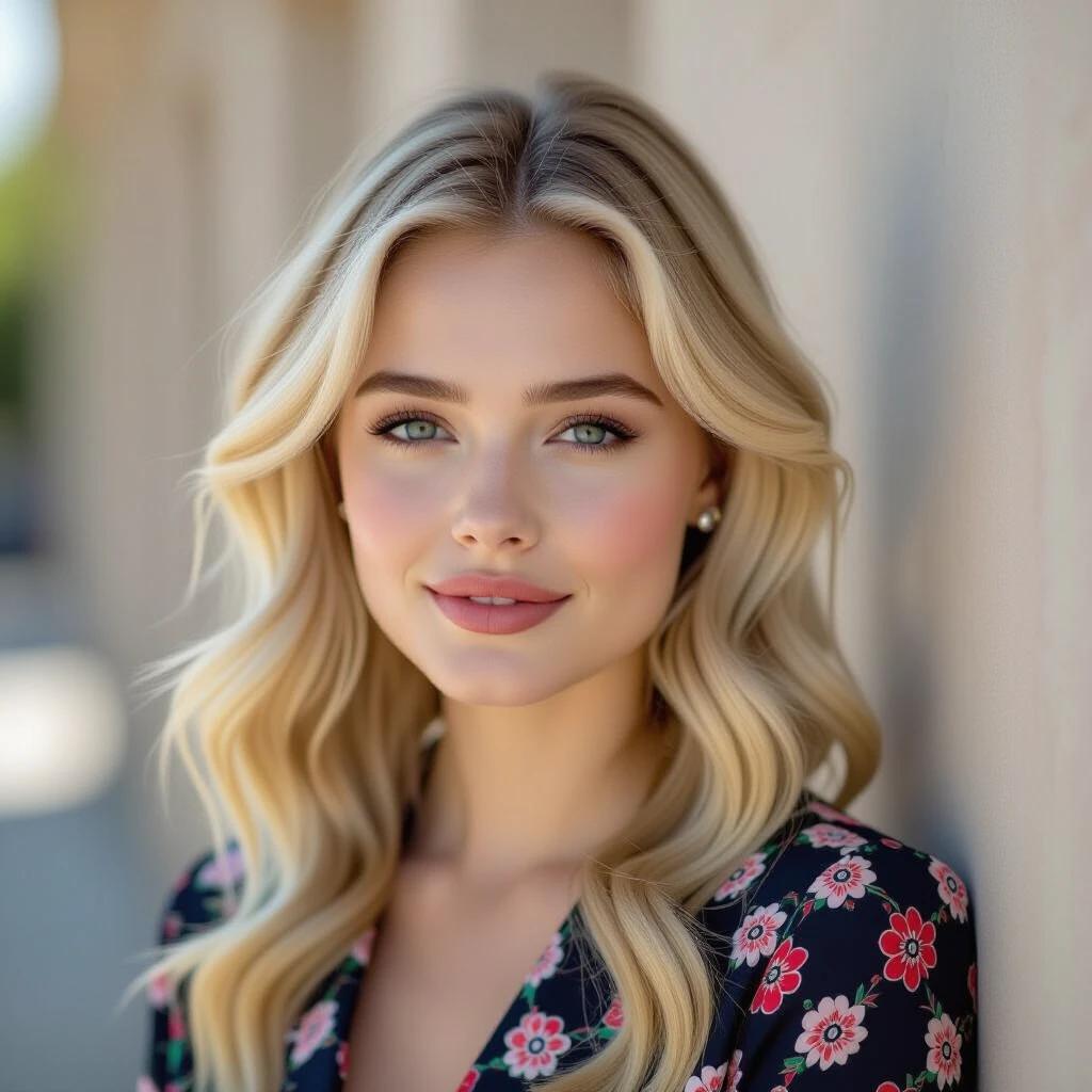 A woman with hairstyle and features similar to Elle Fanning. She is wearing a floral patterned outfit. The setting is outdoors against a soft wall background. The colors in the outfit are vibrant and inviting.