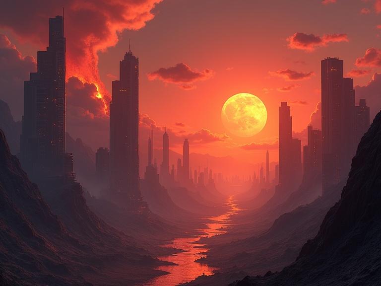 Futuristic galactic city at sunset with pointed mountain ridges. Erupting volcano with flowing lava. Tall buildings lit in their windows with luminous advertising. Aerial vehicles in the sky and alien beings with elongated ears and panic-stricken eyes running in colorful tunics on paved streets. The city is dominated by a partially visible moon in the horizon.