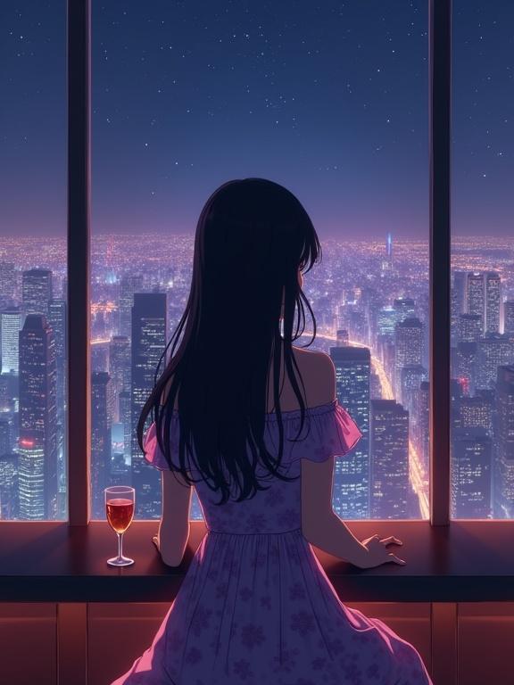 Young woman with long dark violet hair standing by a large window in a luxurious high-rise lounge. Wearing an off-the-shoulder violet dress with floral patterns and frilly neckline. Beautiful night cityscape with illuminated skyscrapers visible through the window. A glass of amber liquid on the counter. The art piece conveys peace and sophistication with warm tones and soft lighting during nighttime.