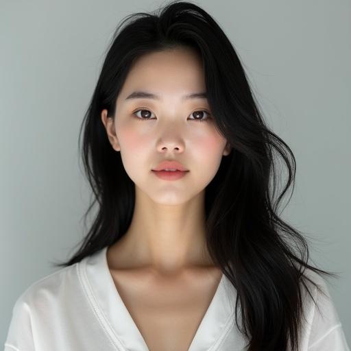 A 25-year-old woman with full bust subtly visible through clothing. Shoulder-length straight black hair with natural flow. Calm expression with flat eyebrows and subtle Japanese features. Large expressive eyes. Balanced and harmonious facial structure. Photorealistic skin and facial texture. Soft natural lighting. Front-facing full body with neutral background. Semi-realistic style.