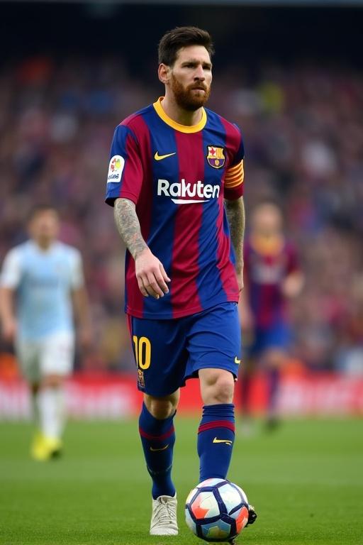 Messi wearing FC Barcelona kit during a soccer match. Player showcases team colors on the field. Background features blurred players in a stadium.