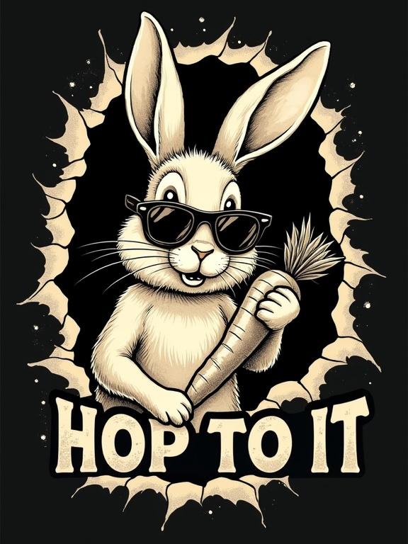 Vintage wood-cut illustration of a lop-eared rabbit bursting through a torn-paper hole. The rabbit has one ear flopped forward and holds a small carrot. It wears classic aviator sunglasses. The illustration features warm off-white line-work with subtle sepia shading, distressed texture, and stippling. Below the rabbit is bold retro block text reading 'HOP TO IT' in cracked wood-type. The layout is centered with a transparent background, optimized for black T-shirts. Size is 4500 x 5400 px at 300 dpi.