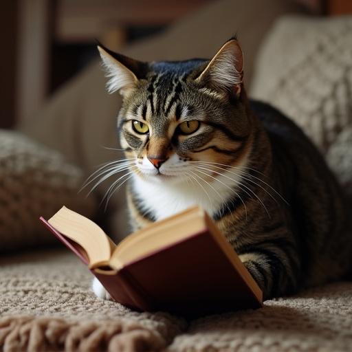 A smart cat reading a book. Indoor setting. Soft lighting with a warm ambiance. Cat has focused expression, sitting comfortably. Book is slightly open in front of the cat.