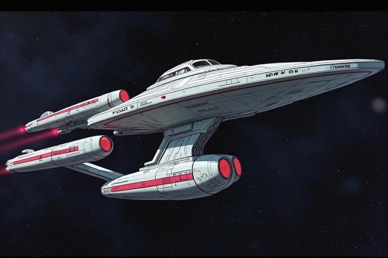 Illustration of the Akira Class starship from Star Trek. Features sleek design with red accents. Depicts starship in space with visible engines.
