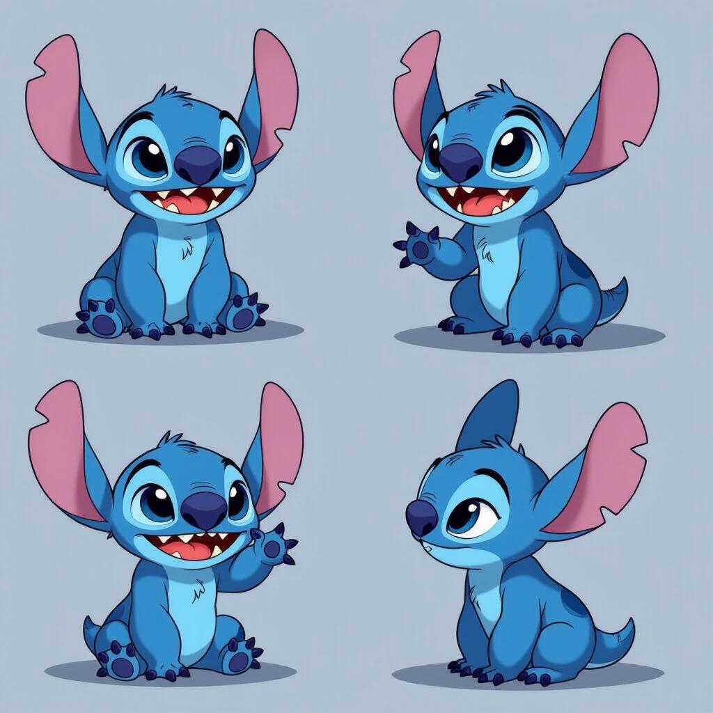 Orthographic images of Stitch in various poses and expressions. Each pose showcases different angles. Stitch appears cute and playful with big ears and bright blue fur.