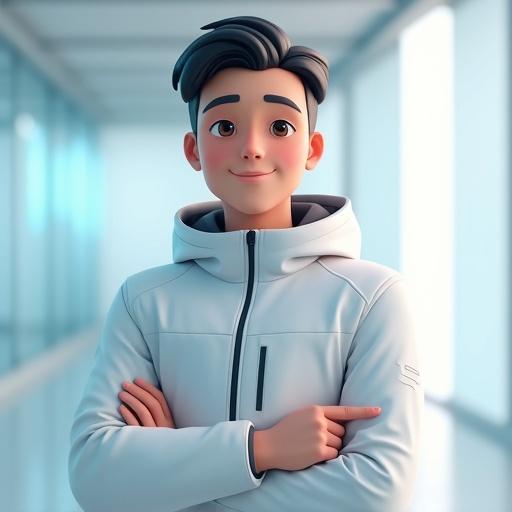 Full picture of a friendly male AI avatar. Semi-human face with smooth skin. Minimal high-tech hoodie suit. Background soft blurred light blue and white tones. Expression calm intelligent approachable. Pointing left.